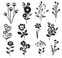 Collection of floral leaves and flower isolated Vectors Silhouettes