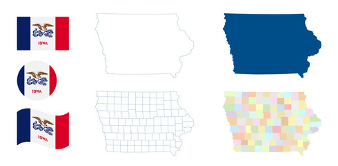 Iowa map. Detailed blue outline and silhouette. Administrative divisions and counties. Flag of Arizona. Set of vector maps. All isolated on white background. Template for design and infographics.