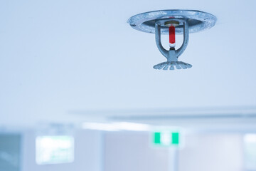 Fire fighting equipment, sprinkler on white ceiling background.Automatic head fire sprinkler extinguisher selected focus on sprinkler.Fire fighter safety concept. - obrazy, fototapety, plakaty