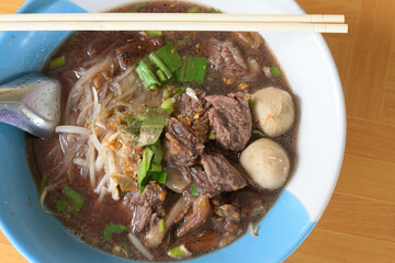 Noodles with beef and beef balls with soup Thai menu.Traditional Thai street food.Spicy taste menu.
