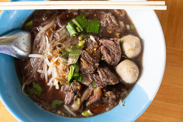 Noodles with beef and beef balls with soup Thai menu.Traditional Thai street food.Spicy taste menu.