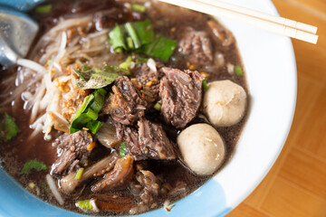 Noodles with beef and beef balls with soup Thai menu.Traditional Thai street food.Spicy taste menu.