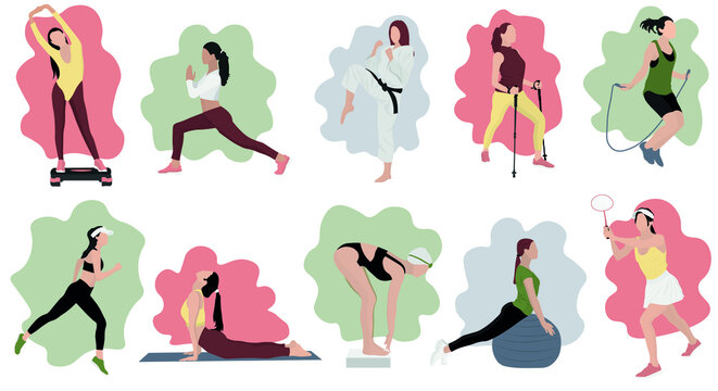 Set of different sporty women on white background