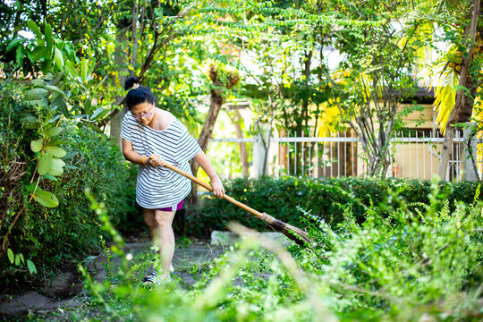Asian woman sweeping leaves in the garden. Thailand.