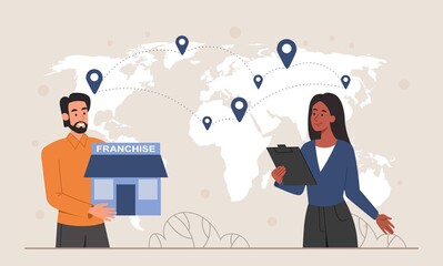 Franchise network concept. Man and girl evaluate countries or cities for opening new outlets. International trade, transportation and logistics. Multinational company. Cartoon flat vector illustration