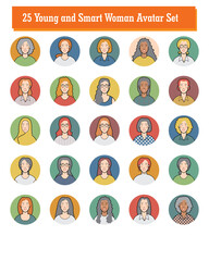 Avatar of diverse young business woman. Female face avatar set isolated on colorful circle background. Vector illustration design