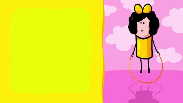 Girl character cartoon animation crawling with skipping rope on title background frame. Little cute kid boy good for any project. Frame good for titles. Sweet pink background.