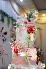 Beautiful wedding cake with decoration at wedding day