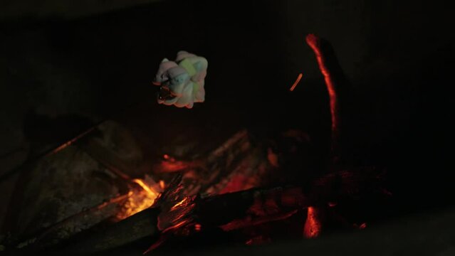 roating mashmallow candy on the firewood heat while camping.