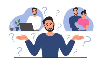 Life choice concept. Man looking for balance between work and personal life, choice between projects and wife with child. Overloaded character and emotional burnout. Cartoon flat vector illustration