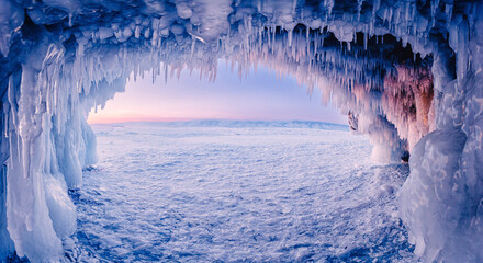 Blue Ice cave or grotto on winter lake Baikal. Beautiful winter landscape with long icicles - obrazy, fototapety, plakaty