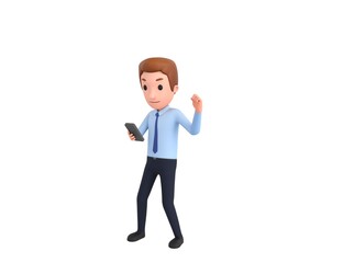 Businessman character looking his phone and doing winner gesture with fists up in 3d rendering.