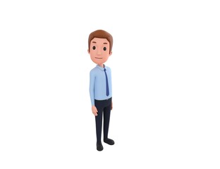 Businessman character standing and look up to camera in 3d rendering.