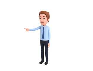 Businessman character pointing finger to the left in 3d rendering.