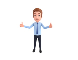 Businessman character showing thumb up with two hands in 3d rendering.