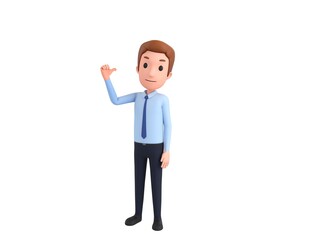 Businessman character pointing back thumb up empty space in 3d rendering.