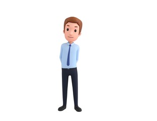Businessman character hides his hands behind his back in 3d rendering.