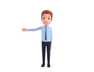 Businessman character pointing his finger to the left in 3d rendering.