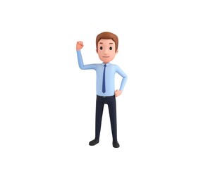 Businessman character raising right fist in 3d rendering.