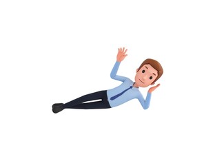 Businessman character lying on floor and say hi in 3d rendering.
