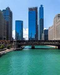 Naklejka premium View of Chicago River on a colorful, summer afternoon with bright green water