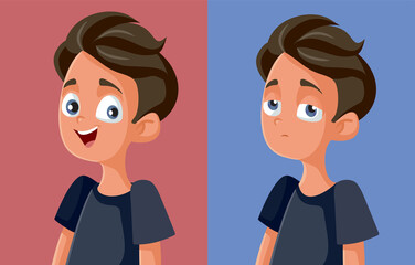Teen Boy Feeling Happy and Sad Vector Cartoon Concept Illustration. Teenager feeling moody experiencing different emotions during puberty
