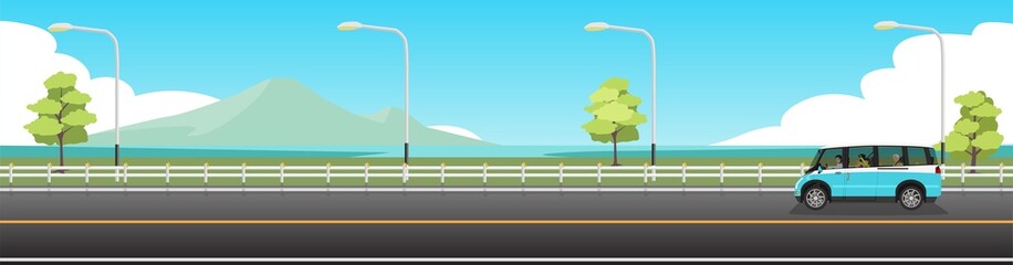 Happy family travels with car for banner. Car van for travel.  Asphalt road near the sea beach with island under clear sky surrounded by green grass and trees. Copy Space Flat Vector. © thongchainak