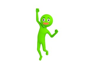 Green Man character Jumping with smile on face doing winner gesture with fists up in 3d rendering.