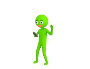 Green Man character looking his phone and doing winner gesture with fists up in 3d rendering.