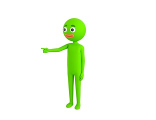 Green Man character pointing finger to the left in 3d rendering.