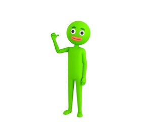 Green Man character pointing back thumb up empty space in 3d rendering.