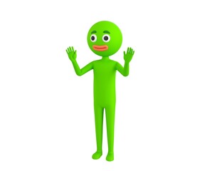 Green Man character raising hands and showing palms in surrender gesture in 3d rendering.