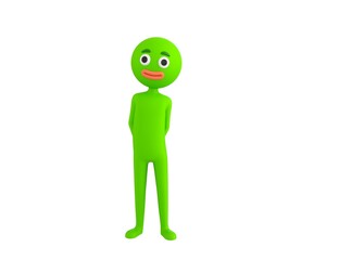 Green Man character hides his hands behind his back in 3d rendering.
