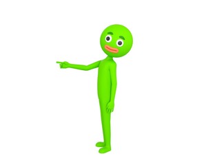 Green Man character pointing index finger to the left in 3d rendering.