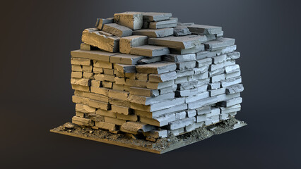Building blocks and stones on a dark background. Brick and concrete scraps on a pallet. 3d render