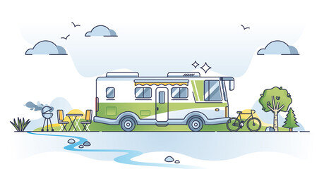 Camper lifestyle scene with trailer van recreation journey outline concept. Holiday truck for freedom feeling with home on wheels vector illustration. Drive to outdoor with comfort in nature campsite. © VectorMine