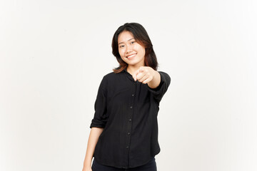 Smiling and pointing at camera of Beautiful Asian Woman Isolated On White Background