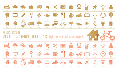 Vector watercolor icons (light brown and salmon pink) fleck textured