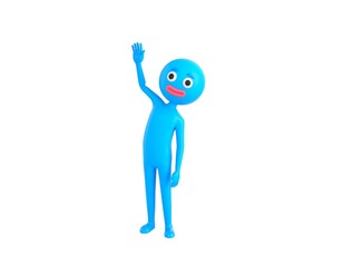Blue Man character raising right hand in 3d rendering.