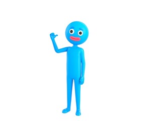 Blue Man character pointing back thumb up empty space in 3d rendering.