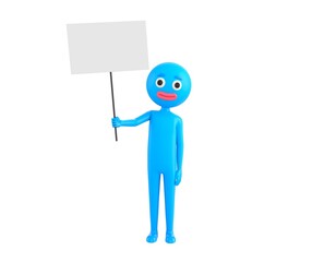 Blue Man character holding blank banner in 3d rendering.