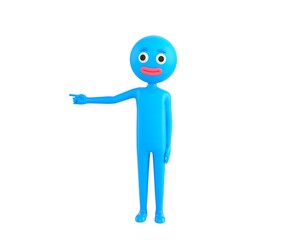 Blue Man character pointing his finger to the left in 3d rendering.