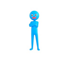 Blue Man character smiling with arms crossed in 3d rendering.