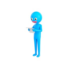 Blue Man character reading paper in 3d rendering.