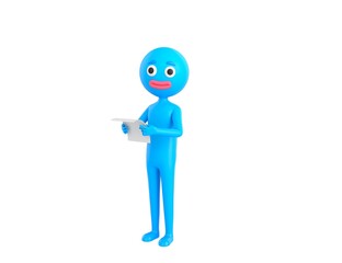 Blue Man character reading paper and looking to camera in 3d rendering.