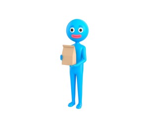 Blue Man character holding paper containers for takeaway food in 3d rendering.