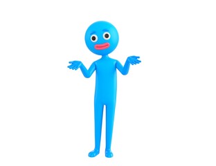 Blue Man character spreading his two hands and looking to camera in 3d rendering.