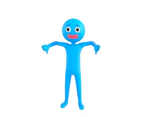 Blue Man character showing thumb down with two hands in 3d rendering.