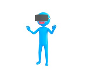Blue Man character using VR headset in 3d rendering.