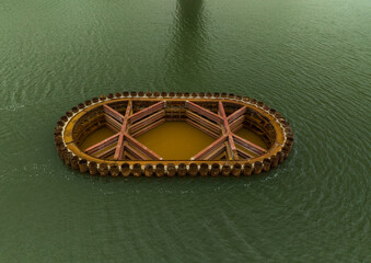 Overhead view of coffer dam holding back river water on bridge construction site - obrazy, fototapety, plakaty